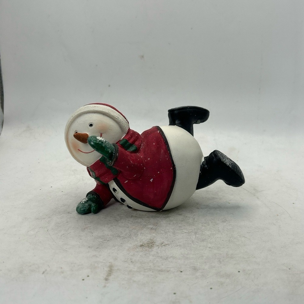 Unique Snowman Figurine Small Multi-Color Christmas Holiday Lying Pose Red Spill